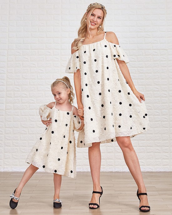 Sweet Polka Dot Off The Shoulder Mom Girl Matching Dress - 1330