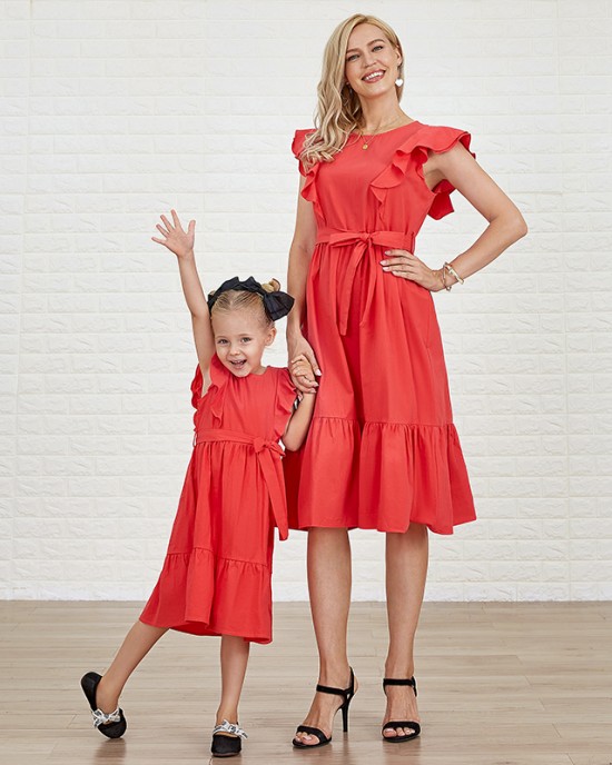 Cotton Solid Color Midi Mom Girl Matching Dress - 1362