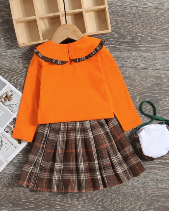 【18M-7Y】Girls Sweet Lapel Embroidered Top And Plaid Skirt Set With Bag