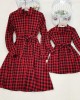 Classic Red Plaid Cotton Blends Long Sleeve Mom Girl Matching Dress - 1159