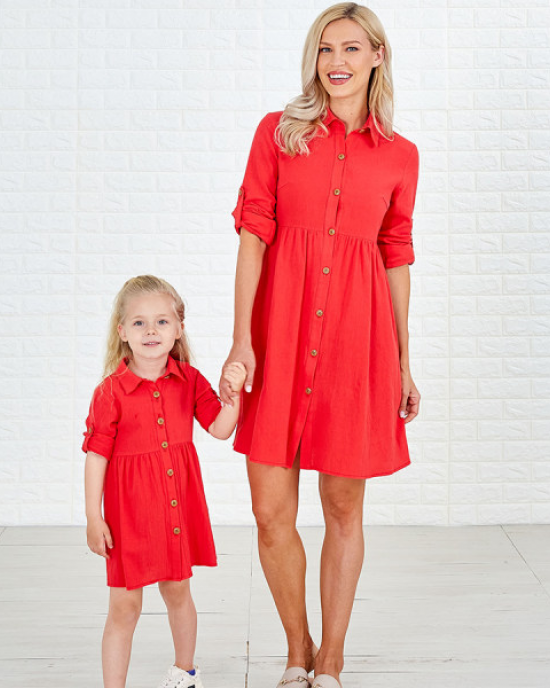 Sweet Red Cotton Blend Lapel Long Sleeves Mom Girl Matching Dress - 1390