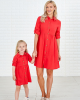 Sweet Red Cotton Blend Lapel Long Sleeves Mom Girl Matching Dress - 1390