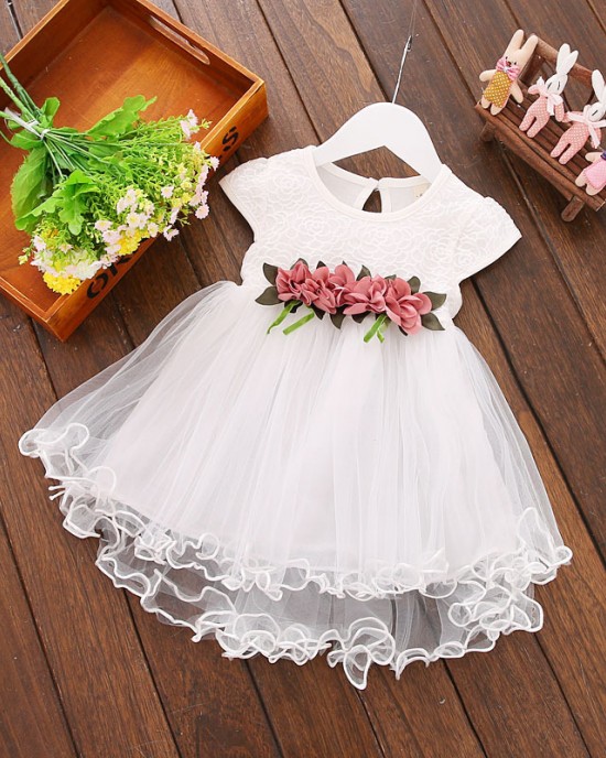 【6M-3Y】Girls Flower Short-Sleeved Mesh Dress