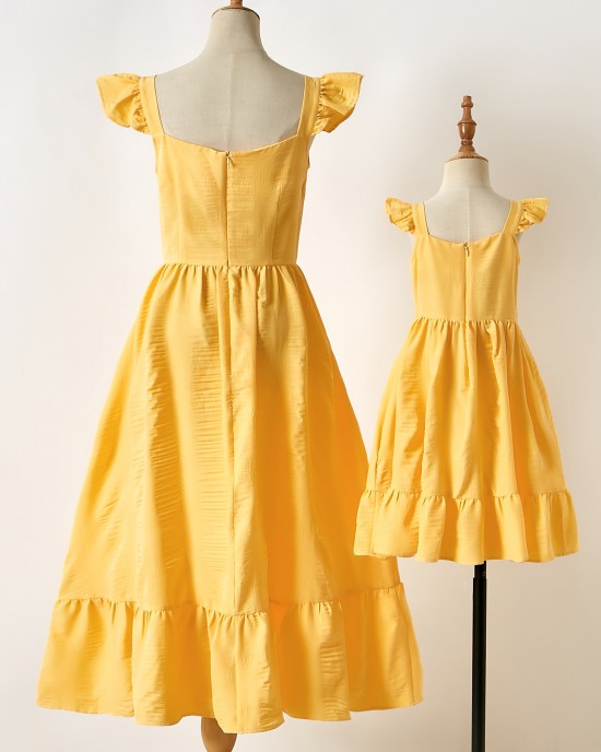 Sweet Yellow Ruffled Mom Girl Matching Dress - 1319