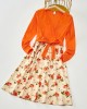 Sweet V-neck Long Sleeved Stitching Flower Orange Mom Girl Matching Dress