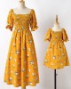 Sweet Flower Print Square Neck Puff Sleeve Yellow Mom Girl Matching Dress