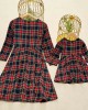 Long Sleeve Blue Plaid Mom Girl Matching Dress