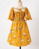 Sweet Flower Print Square Neck Puff Sleeve Yellow Mom Girl Matching Dress