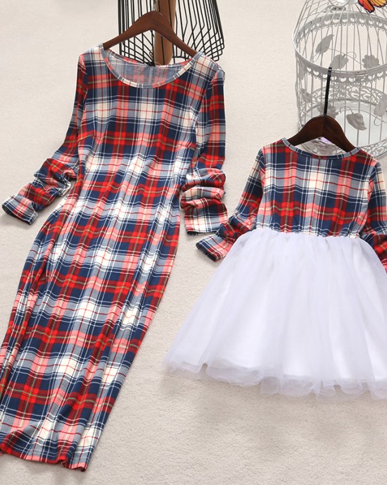 Round Neck Long Sleeve Plaid Tulle Stitching Mom Girl Matching Dress -13121