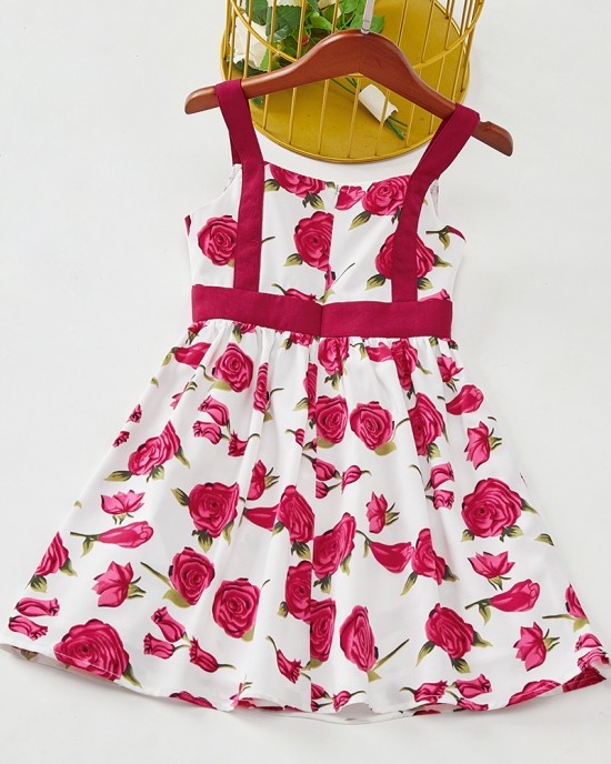 Sweet Rose Red Flower Mom Girl Matching Dress