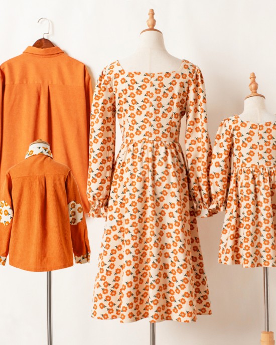 Casual Orange Corduroy Floral Long-sleeved Family Matching Outfits - 2122