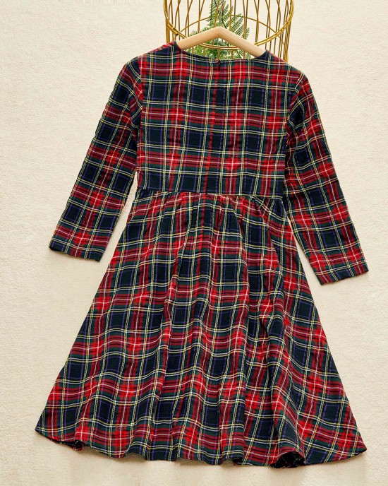 Long Sleeve Blue Plaid Mom Girl Matching Dress