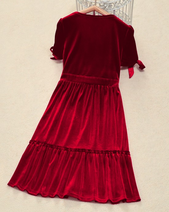 Fashion Round Neck Short Sleeve Red Velvet Mom Girl Matching Dress