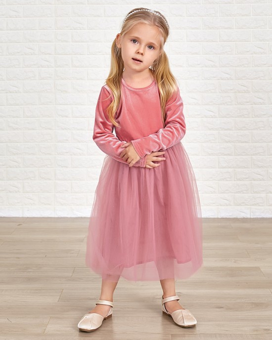 Classic Pink Velvet Mesh Long Sleeves Mom Girl Matching Dress - 13113