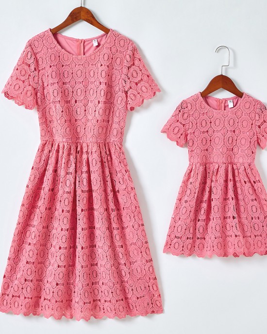 Sweet Pink Lace Short Sleeve Mom Girl Matching Dress - 13130