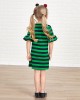 Casual Green Knitted Striped Round Neck Long Sleeves Mom Girl Matching Dress