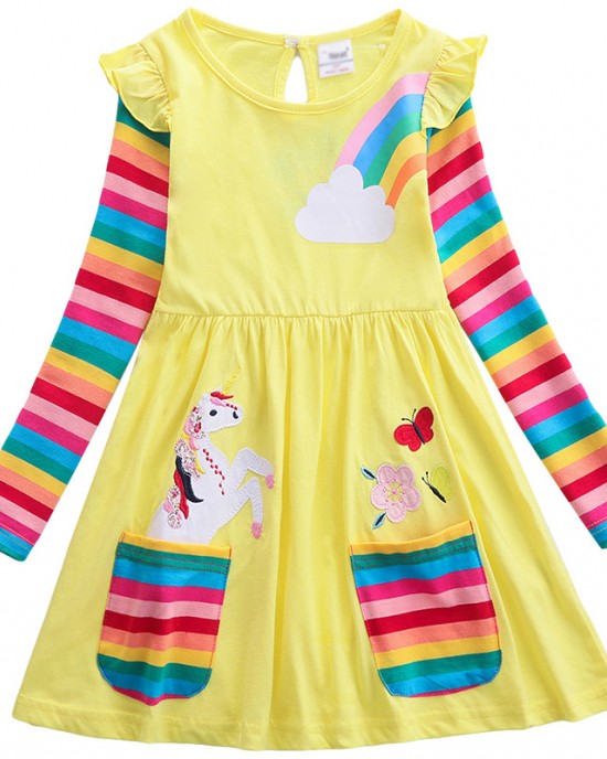 【3Y-8Y】Girl Sweet Rainbow Unicorn Pattern Long Sleeve Dress