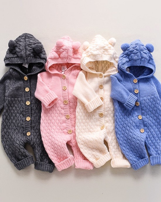 【3M-24M】Baby Cute Hooded Long-sleeved Knit One-piece Romper