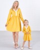 Sweet V-neck Long Sleeved Lace Stitching Yellow Mom Girl Matching Dress - 1397