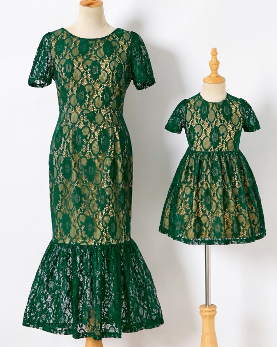 Sweet Green Lace Mom Girl Matching Dress