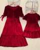 Fashion Round Neck Short Sleeve Red Velvet Mom Girl Matching Dress