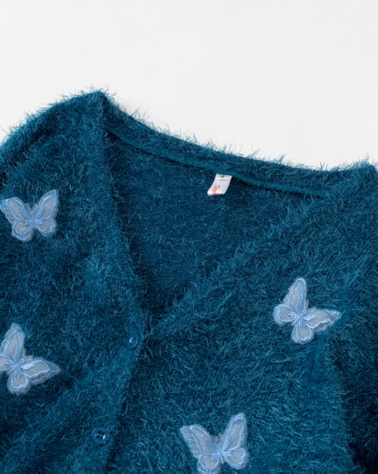 Sweet Butterfly Embroidery Blue Sweater Mom Girl Matching Cardigan - 1163