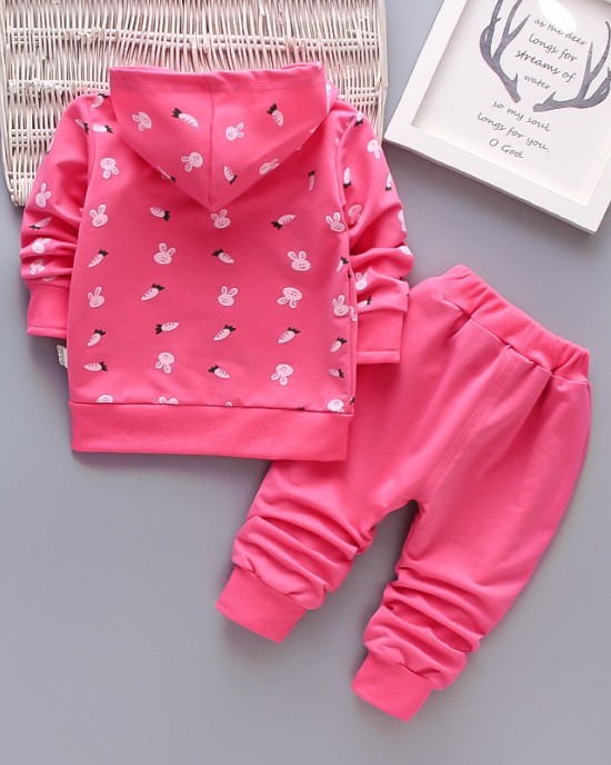 【12M-4Y】Children Clothes Girls 3-piece Rabbit Print Cotton Long-sleeved T-shirt and Pants Hoodie Coat Set - 34220