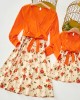 Sweet V-neck Long Sleeved Stitching Flower Orange Mom Girl Matching Dress