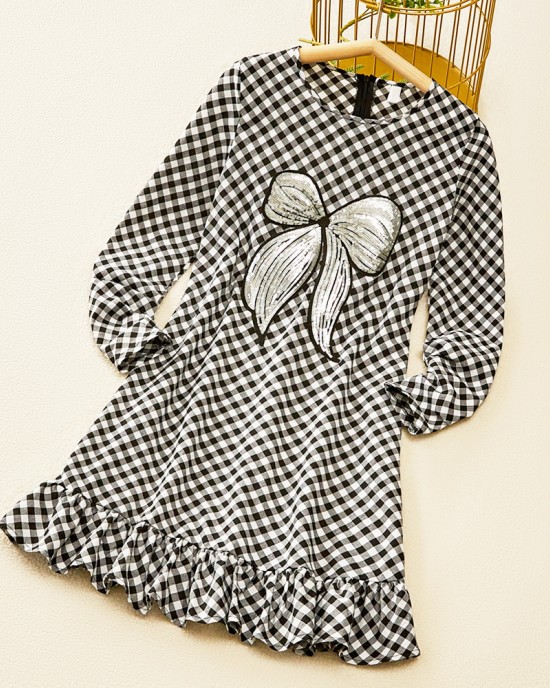 Sweet Black And White Plaid Sequined Bow Patch Round Neck Long Sleeves Mom Girl Matching Dress