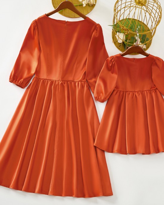 Sweet Orange Satin Round Neck Mom Girl Matching Dress