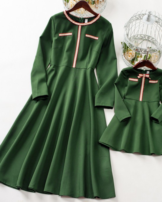 Elegant Golden Ribbon Green Long-sleeved Mom Girl Matching Dress - 13168