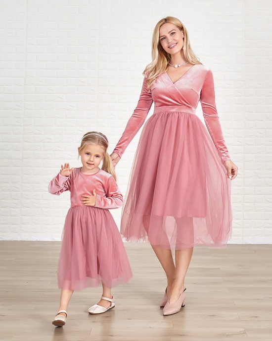 Classic Pink Velvet Mesh Long Sleeves Mom Girl Matching Dress - 13113