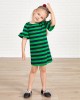 Casual Green Knitted Striped Round Neck Long Sleeves Mom Girl Matching Dress