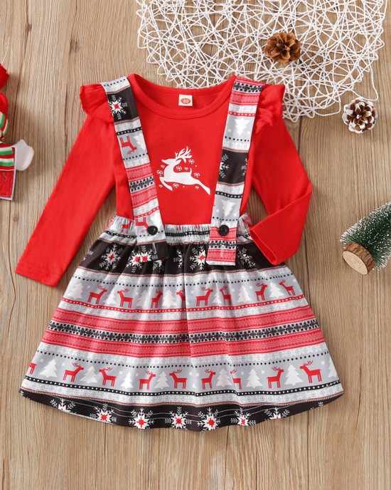 【12M-5Y】Girls Christmas Print Red Top And Suspender Skirt Set