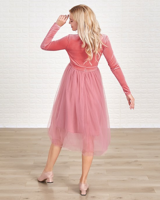 Classic Pink Velvet Mesh Long Sleeves Mom Girl Matching Dress - 13113