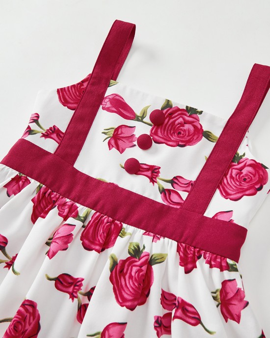 Sweet Rose Red Flower Mom Girl Matching Dress