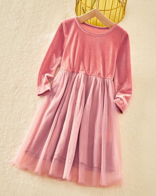 Classic Pink Velvet Mesh Long Sleeves Mom Girl Matching Dress - 13113