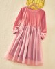 Classic Pink Velvet Mesh Long Sleeves Mom Girl Matching Dress - 13113