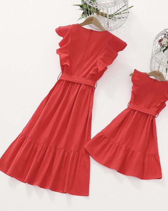 Cotton Solid Color Midi Mom Girl Matching Dress - 1362