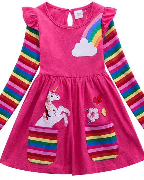 【3Y-8Y】Girl Sweet Rainbow Unicorn Pattern Long Sleeve Dress