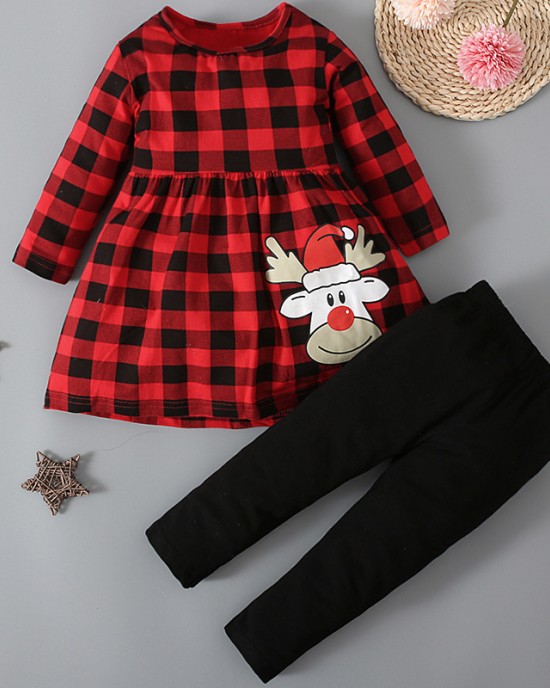 【12M-5Y】Girls Christmas Red Plaid T-shirt Pants Set