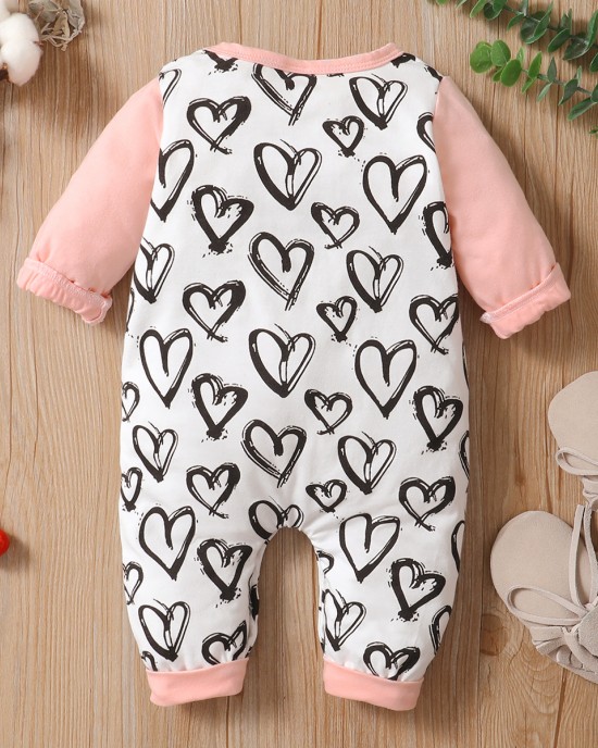 【0M-24M】Cute Heart Shape Print Round Neck Long Sleeve Romper