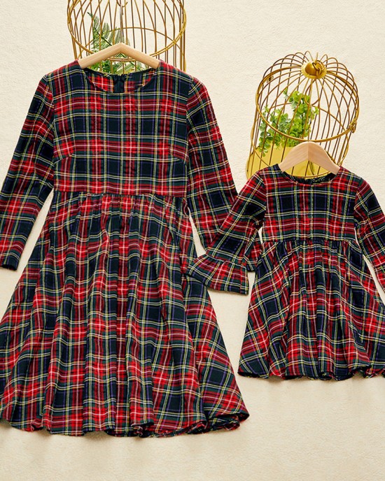 Long Sleeve Blue Plaid Mom Girl Matching Dress