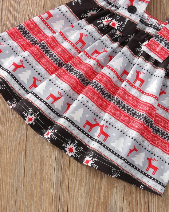 【12M-5Y】Girls Christmas Print Red Top And Suspender Skirt Set