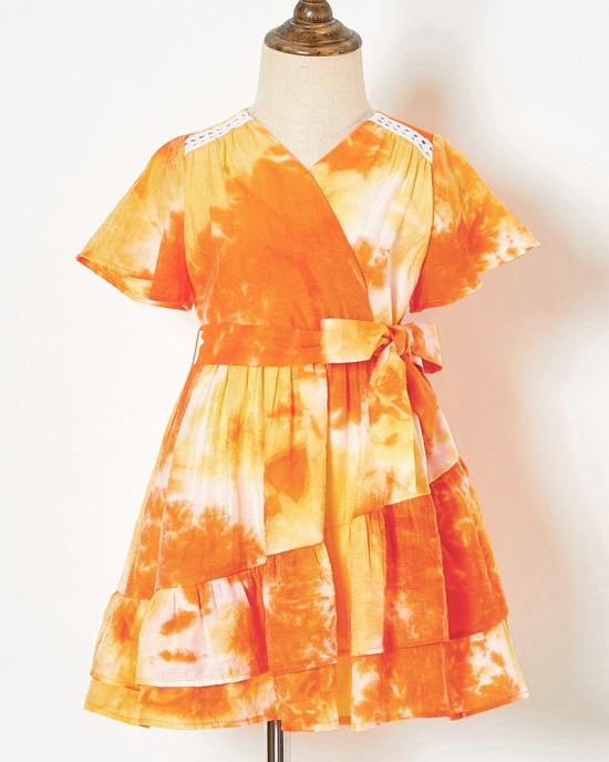 Sweet Orange Tie-Dye V-Neck Short Sleeve Mom Girl Matching Dress - 13109