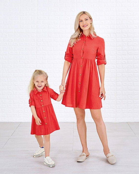 Sweet Red Cotton Blend Lapel Long Sleeves Mom Girl Matching Dress - 1390