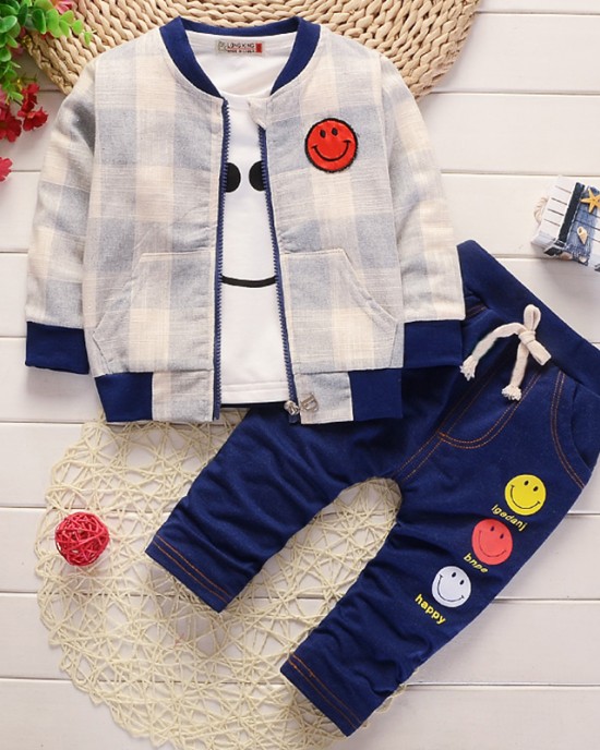 【12M-4Y】Boys Casual Plaid Jacket Printed T-shirt Pants Three-piece Set