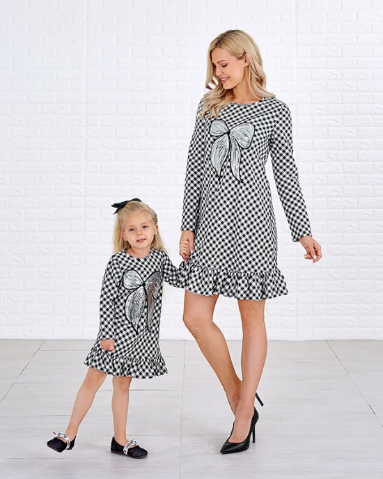 Sweet Black And White Plaid Sequined Bow Patch Round Neck Long Sleeves Mom Girl Matching Dress