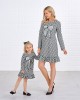 Sweet Black And White Plaid Sequined Bow Patch Round Neck Long Sleeves Mom Girl Matching Dress