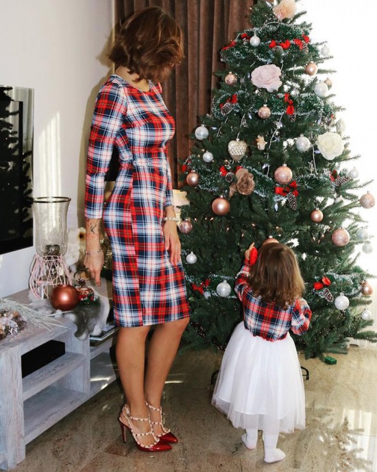 Round Neck Long Sleeve Plaid Tulle Stitching Mom Girl Matching Dress -13121